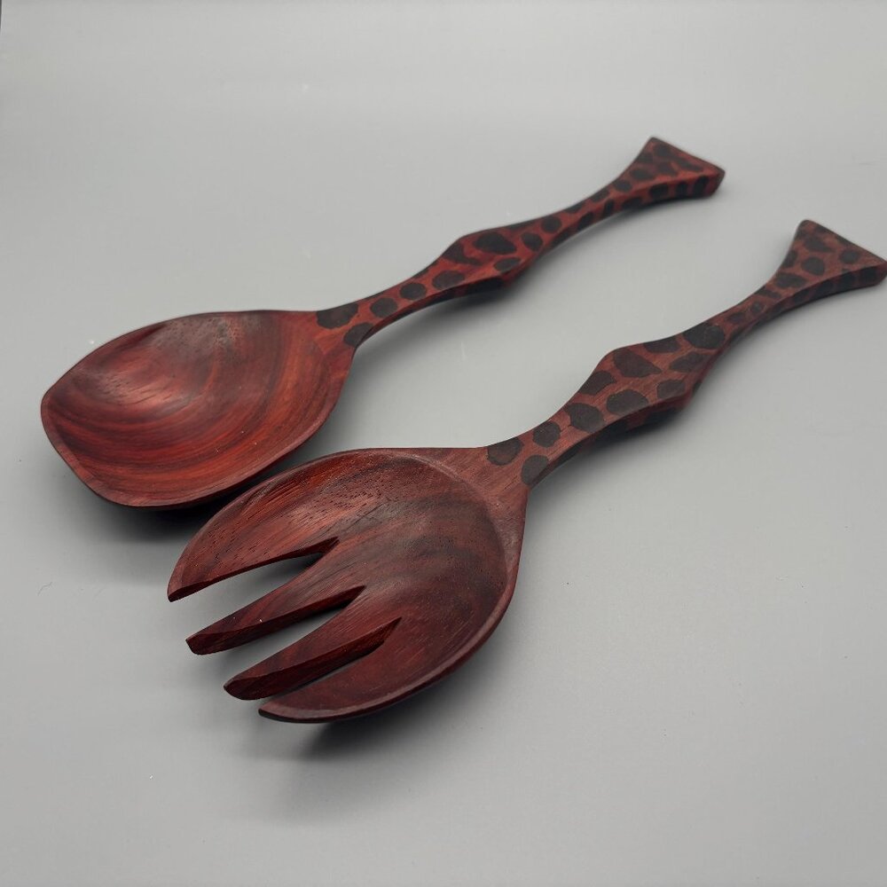 Vintage Hand-Carved Padauk Wood African Safari Salad Servers Set
